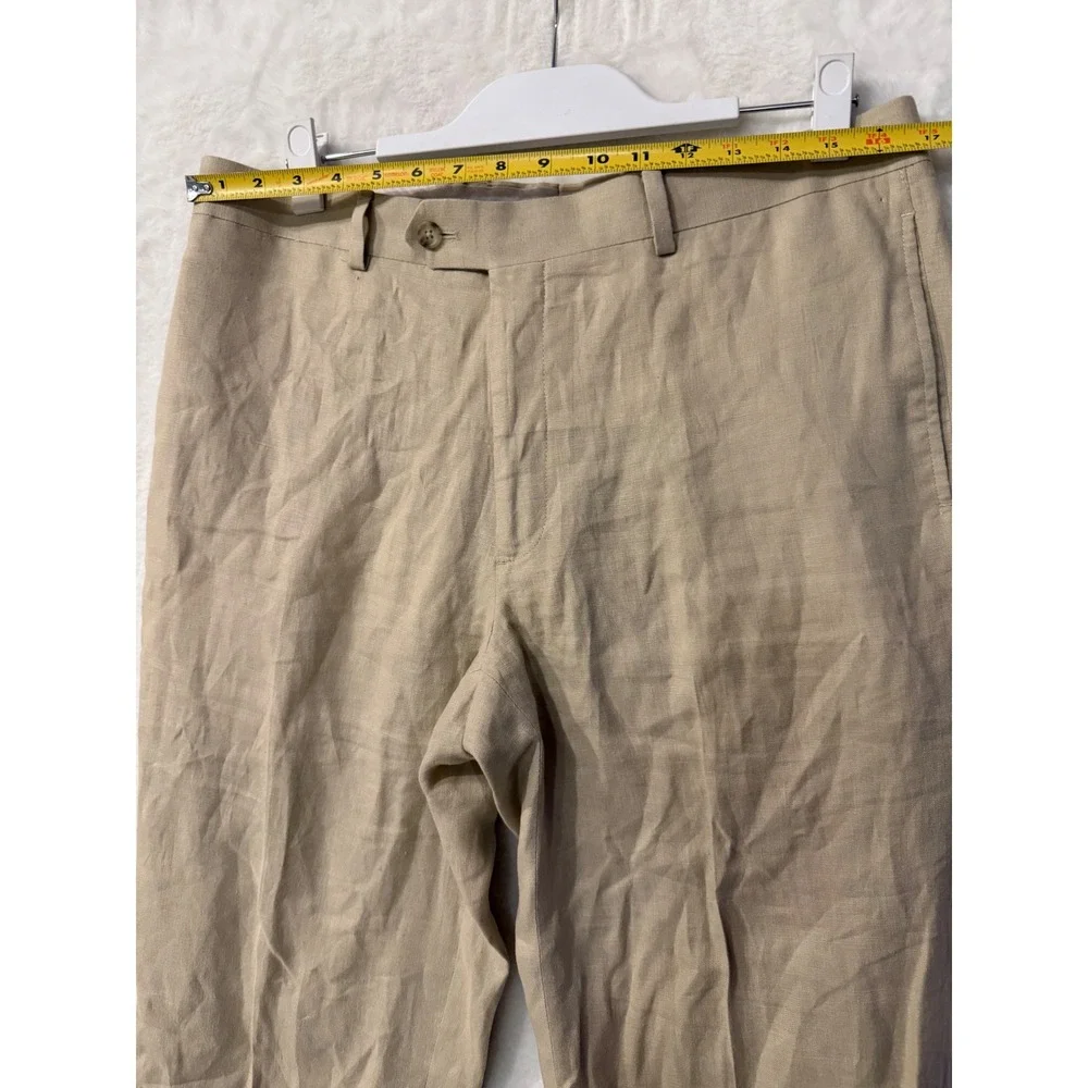 Mens Tan Linen Blend Dress Pants Khaki Straight Leg Trousers Size 34x26 Summer
